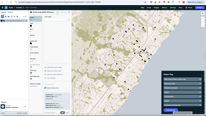A light basemap displays multiple black point markers representing crime-related data entries across urban and suburban neighborhoods.